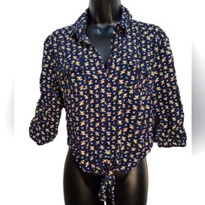 Roommates Shirt, Women's Large, Cropped Button Down Front Tie Owl GraphicTop